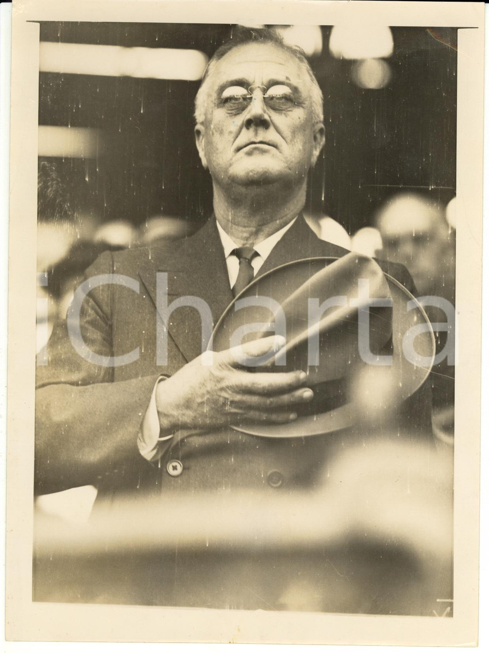 Fotografia d epoca originale 1930 ca WASHINGTON BASEBALL Franklin D. ROOSEVELT during Natiional Anthem 1