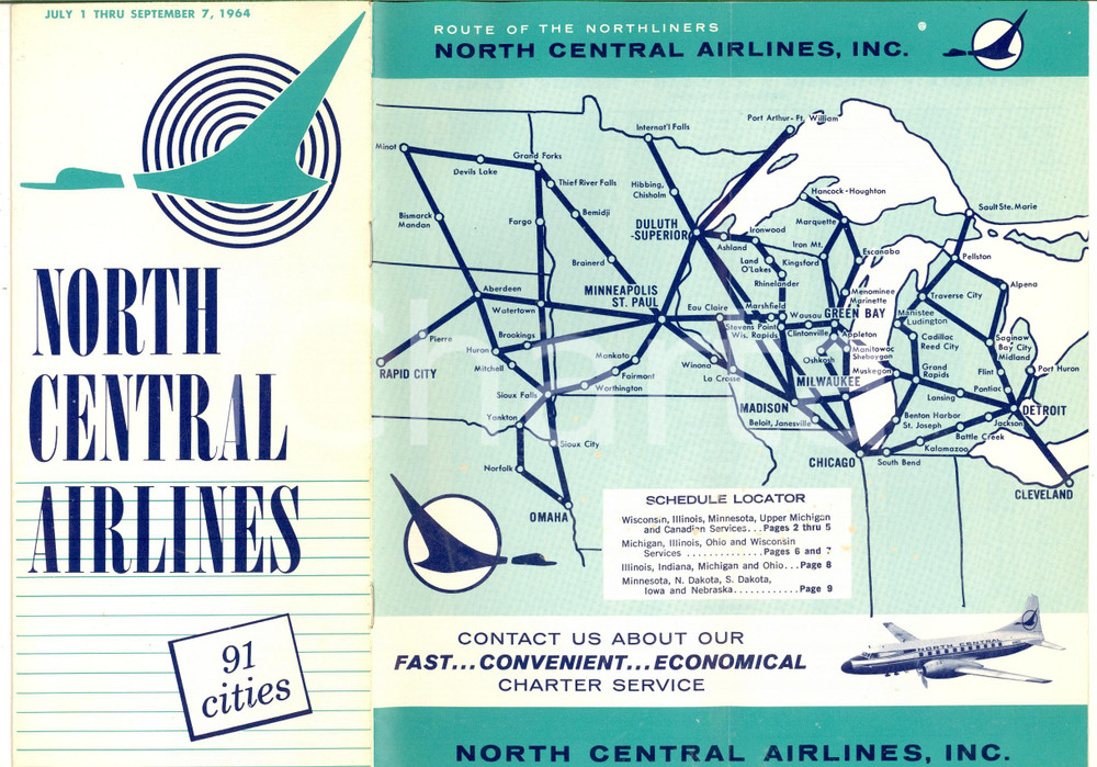 Materiale pubblicitario d’epoca 1964 USA NORTH CENTRAL AIRLINES  Brochure VINTAGE a colori  Orari 1