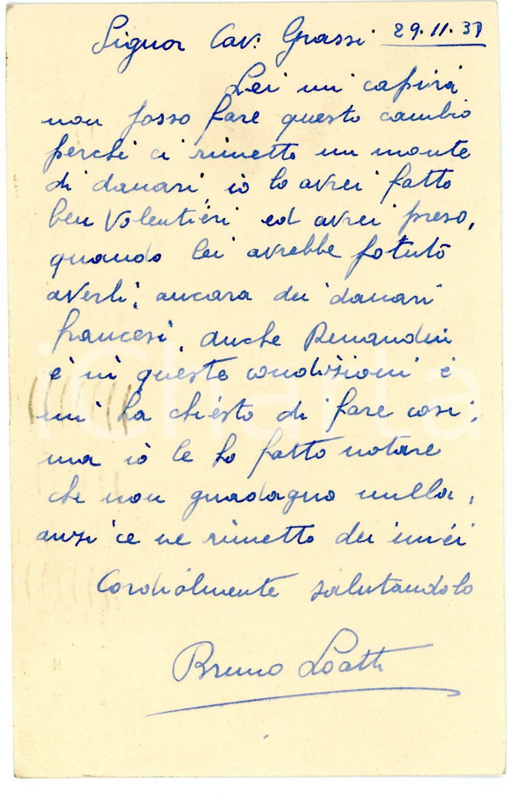 Autografo originale 1938 CICLISMO COLOMBES F Cartolina Bruno LOATTI per una gara  AUTOGRAFO FP VG 1