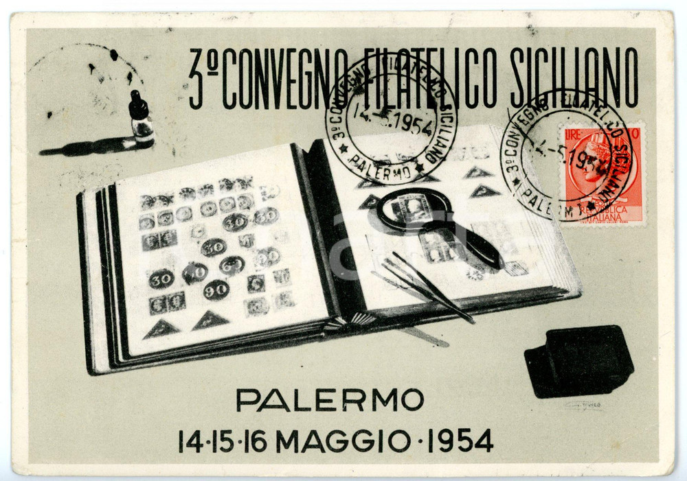 Cartolina originale da collezione 1954 PALERMO 3Â° Convegno filatelico siciliano  Timbro FDC Cartolina VINTAGE 1