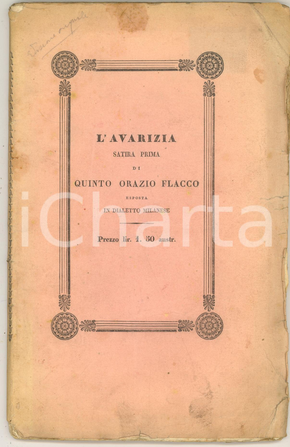 Libro, pubblicazione d epoca 1837 MILANO L  avarizia di Quinto Orazio Flacco esposta in dialetto milanese 1
