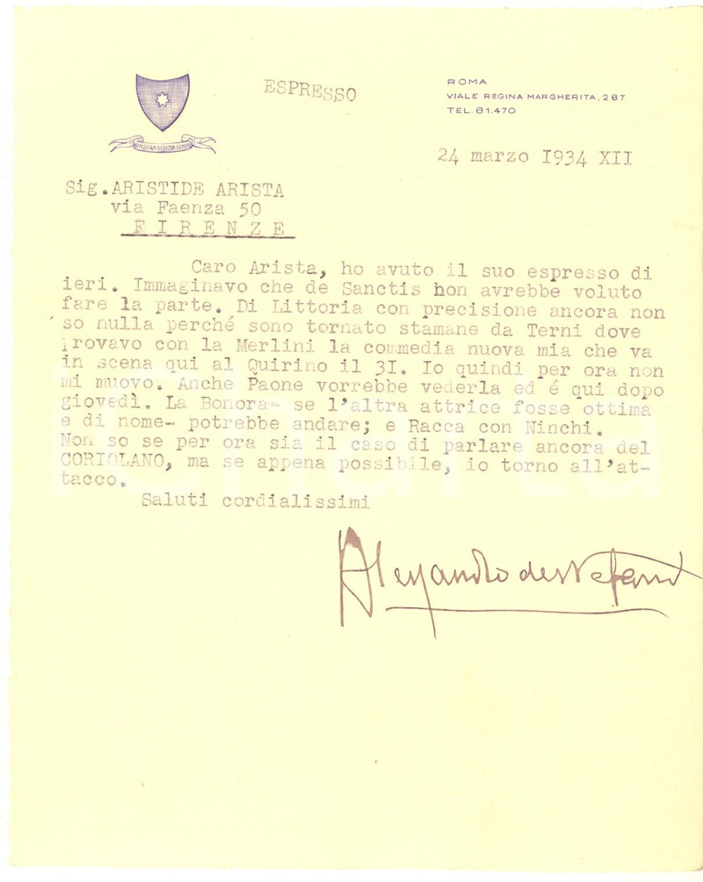 Autografo originale 1934 ROMA Alessandro DE STEFANI impegnato in una nuova commedia  AUTOGRAFO 1