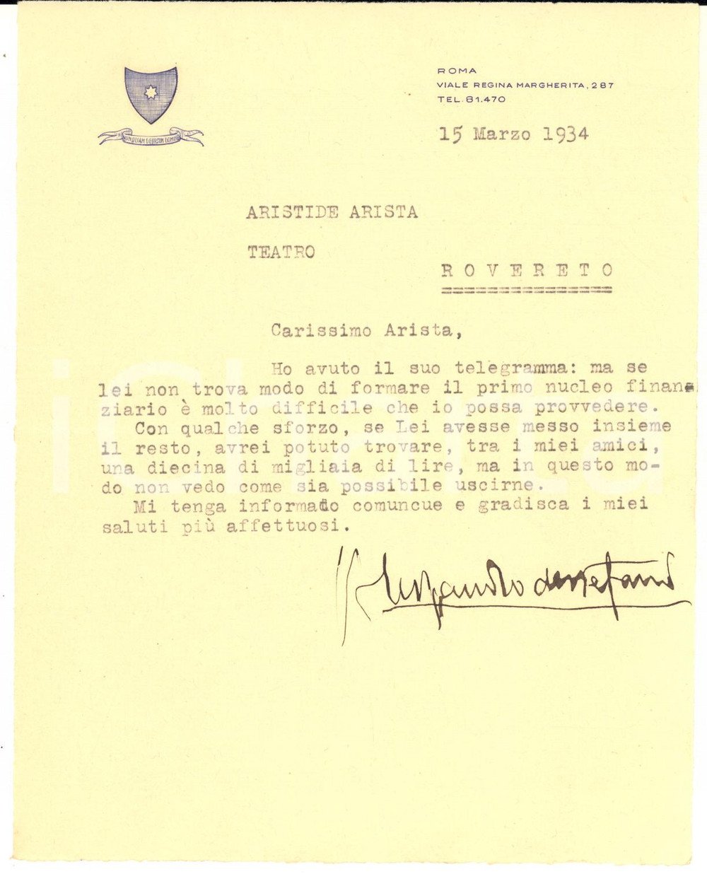 Autografo originale 1934 ROMA Alessandro DE STEFANI ad Aristide ARISTA per finanziamento  AUTOGRAFO 1