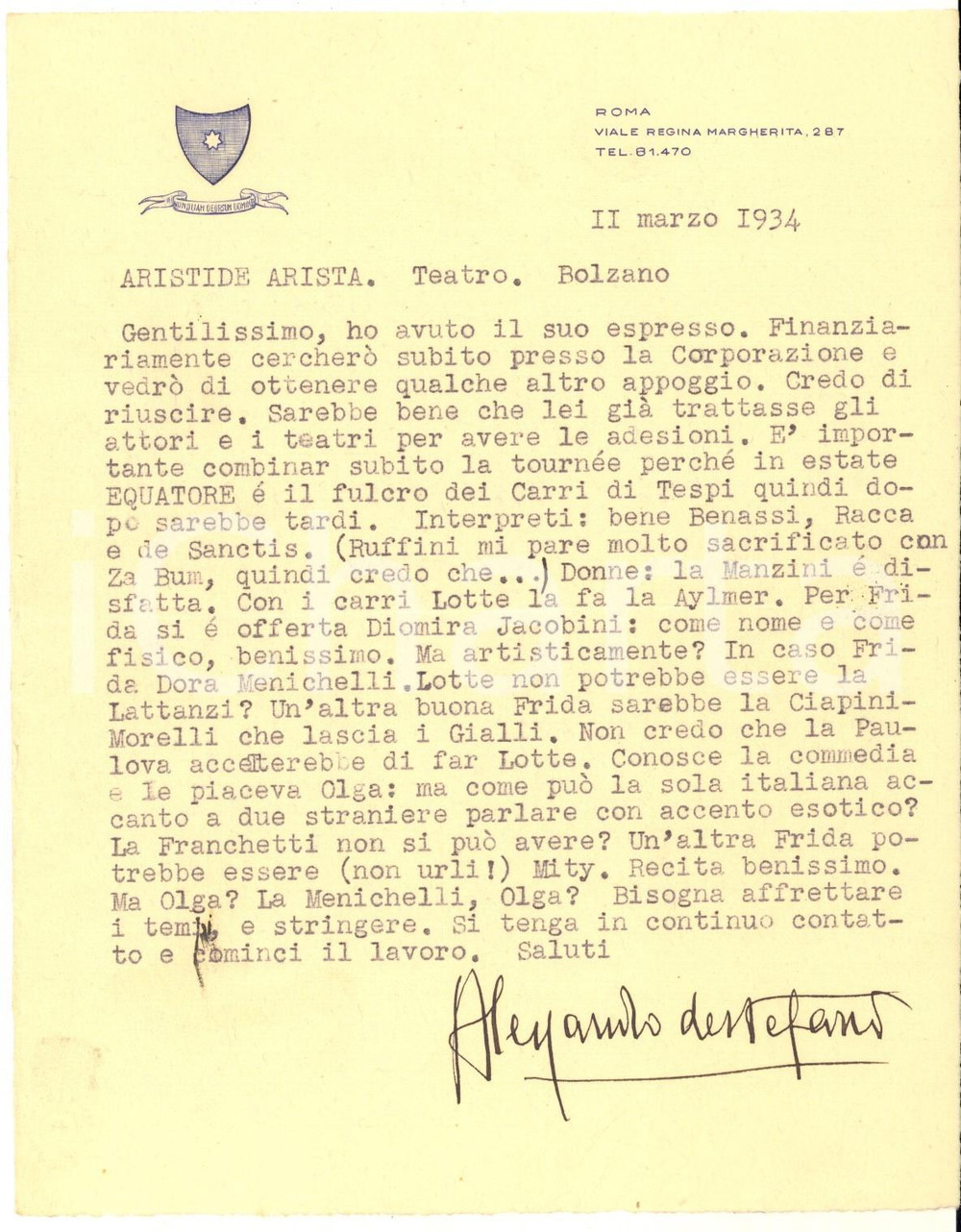 Autografo originale 1934 ROMA Alessandro DE STEFANI ad Aristide ARISTA su EquatoreAUTOGRAFO 1