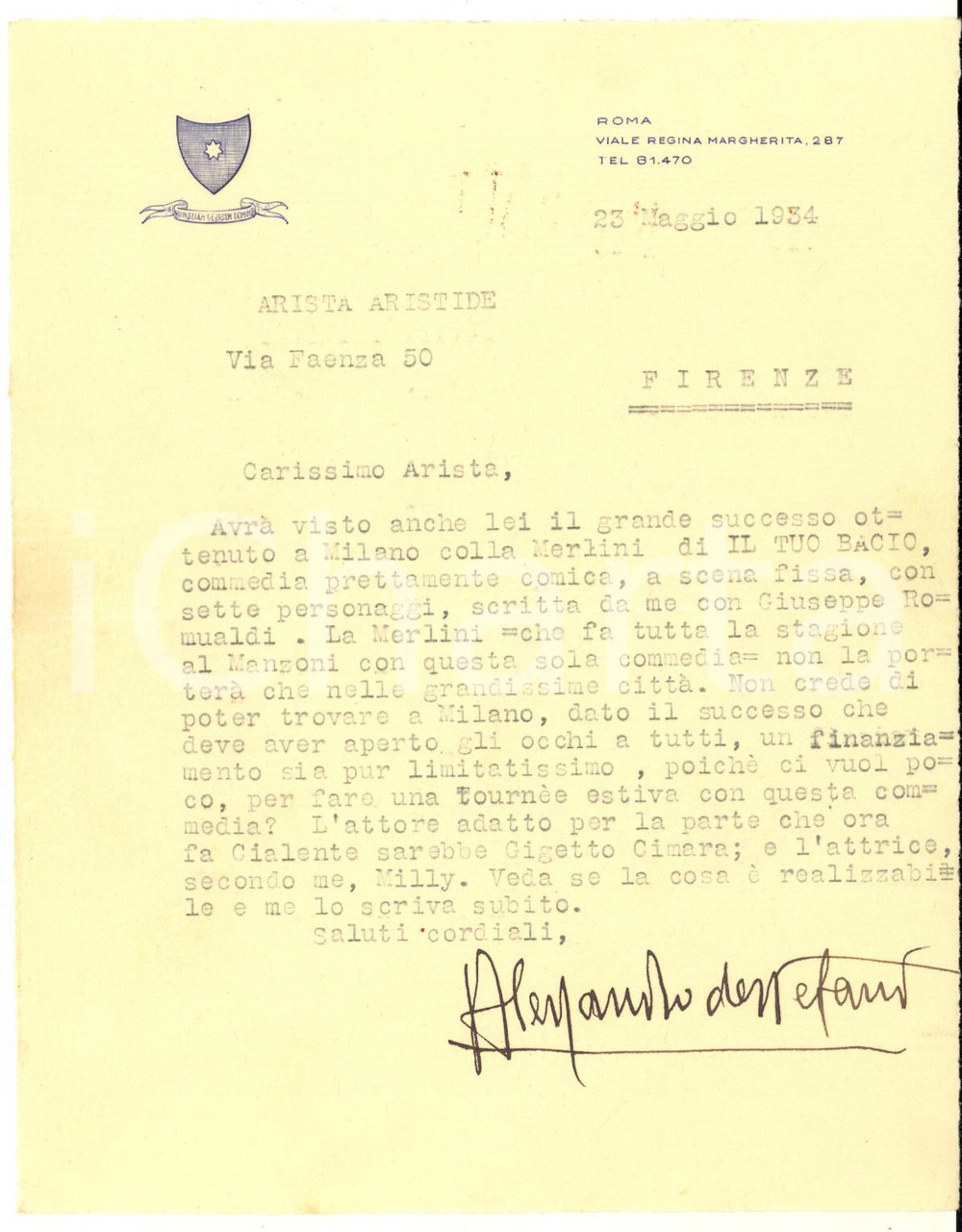 Autografo originale 1934 ROMA Alessandro DE STEFANI su Elsa MERLINI in Il tuo bacio AUTOGRAFO 1