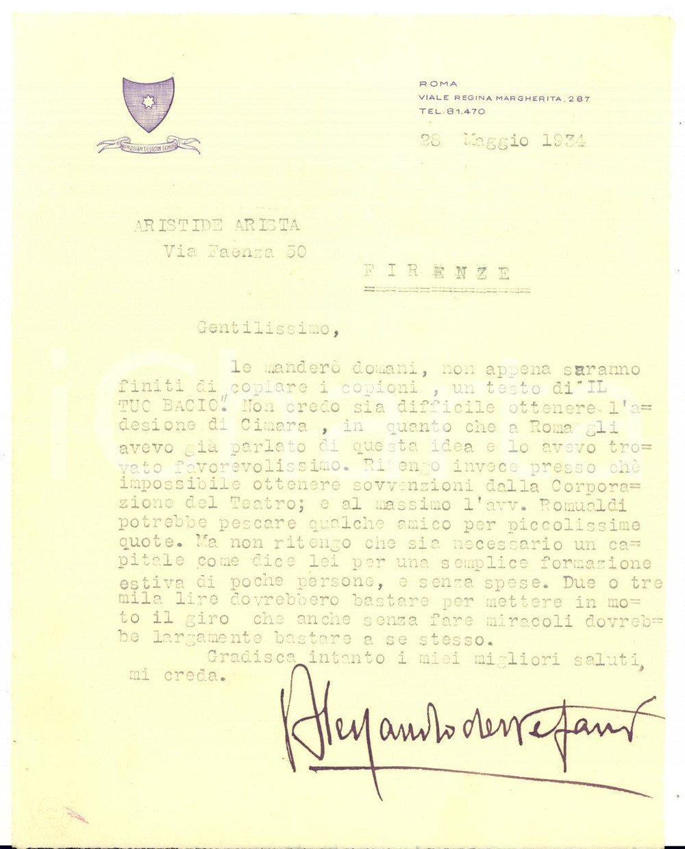Autografo originale 1934 ROMA Alessandro DE STEFANI ad Aristide ARISTA su Il tuo bacio AUTOGRAFO 1