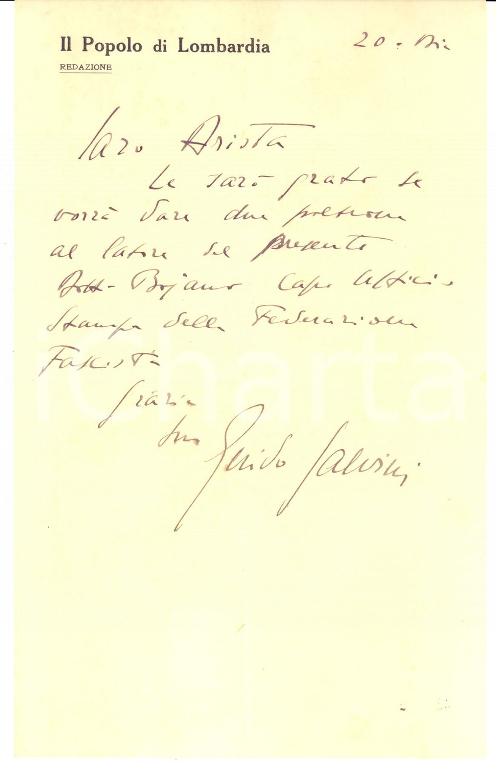 Autografo originale 1933 MILANO Il Popolo di Lombardia  Lettera Guido SALVINI  AUTOGRAFO 1