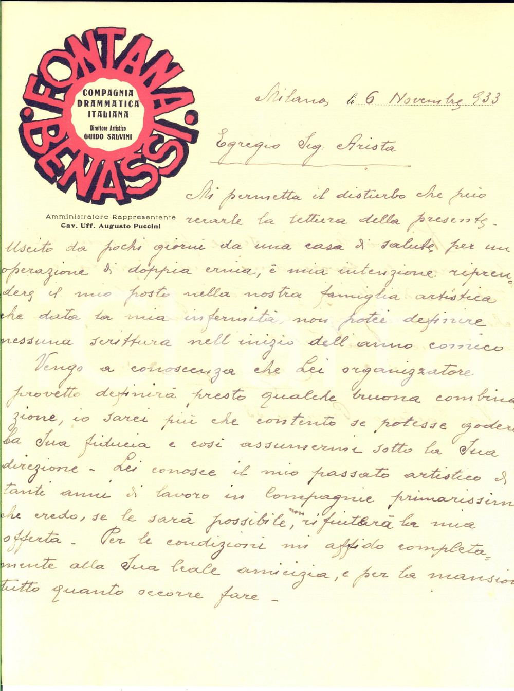Autografo originale 1933 MILANO TEATRO Augusto PUCCINI chiede di lavorare dopo la malattia AUTOGRAFO 1