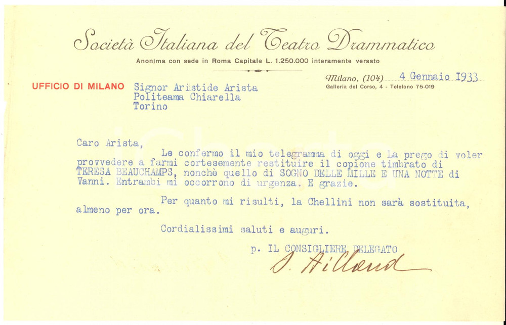 Manoscritto, lettera originale 1933 MILANO SocietÃ  Italiana del Teatro Drammatico  Lettera S. AILLAUD 1