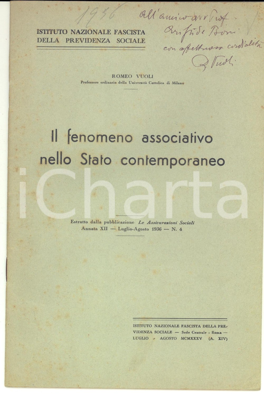 Libro, pubblicazione d epoca 1936 Romeo VUOLI Il fenomeno associativo nello Stato contemporaneo AUTOGRAFO 1
