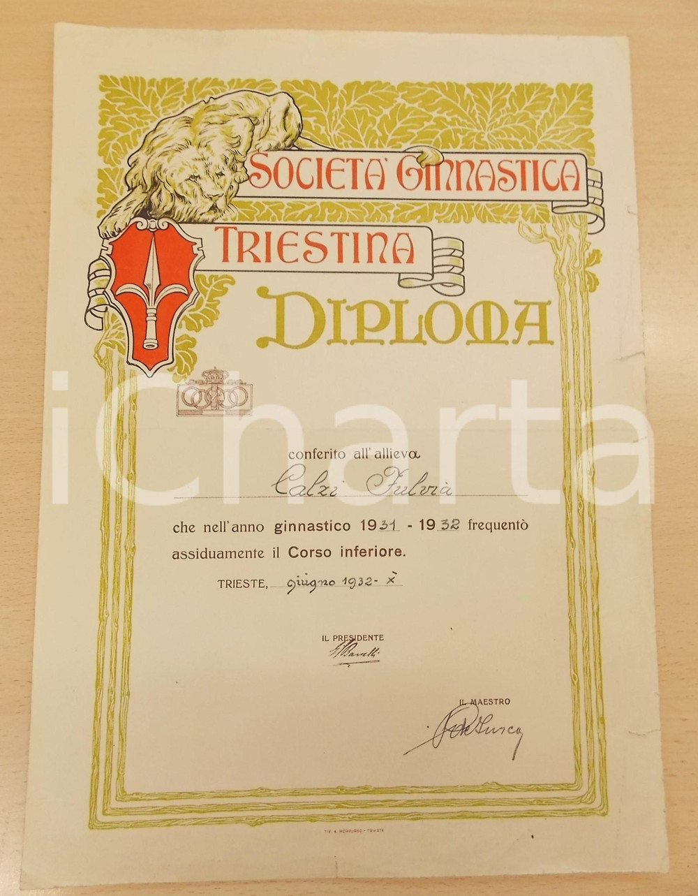 Oggetto da collezione cartaceo 1932 TRIESTE SocietÃ  Ginnastica Triestina  Diploma Fulvia CALZI 25x35 cm 1