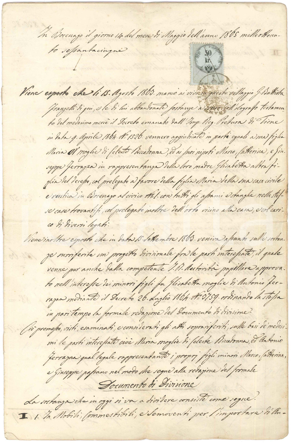 Documento originale, autentico 1863 BOCENAGO TN Atto divisione beni Maria RICCADONNA  Antonio FERRAZZA 1