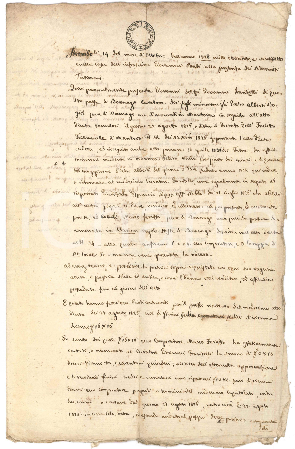 Documento originale, autentico 1828 CLARINA / BOCENAGO Vendita di piccola prativa a Marco FERRAZZA Manoscritto 1