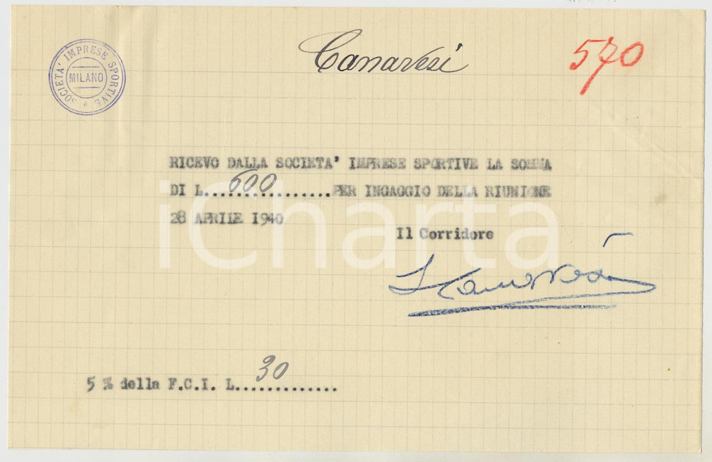 Autografo originale 1940 CICLISMO Milano Vigorelli  Ricevuta Severino CANAVESI per corsa AUTOGRAFO 1