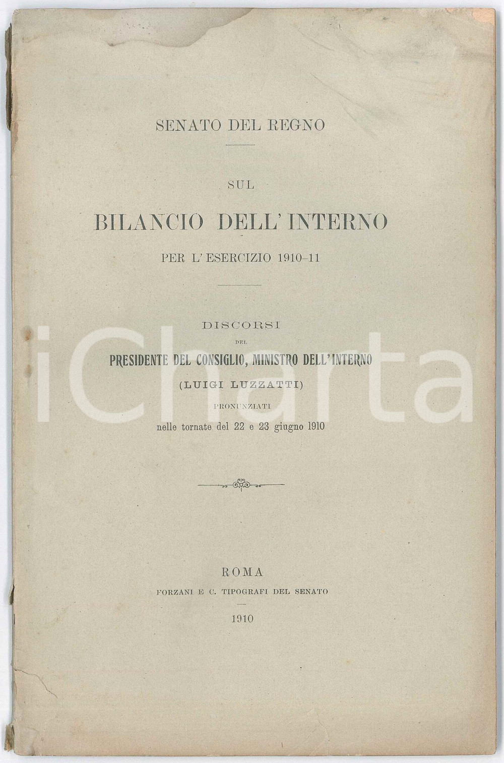 Libro, pubblicazione d epoca 1910 SENATO DEL REGNO Discorsi di Luigi LUZZATTI sul Bilancio dell Interno 1