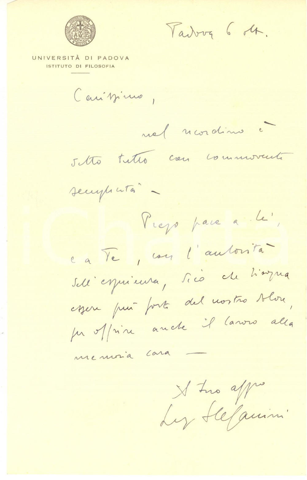 Autografo originale 1950 ca UniversitÃ  PADOVA  Lettera Luigi STEFANINI Istituto Filosofia AUTOGRAFO 1