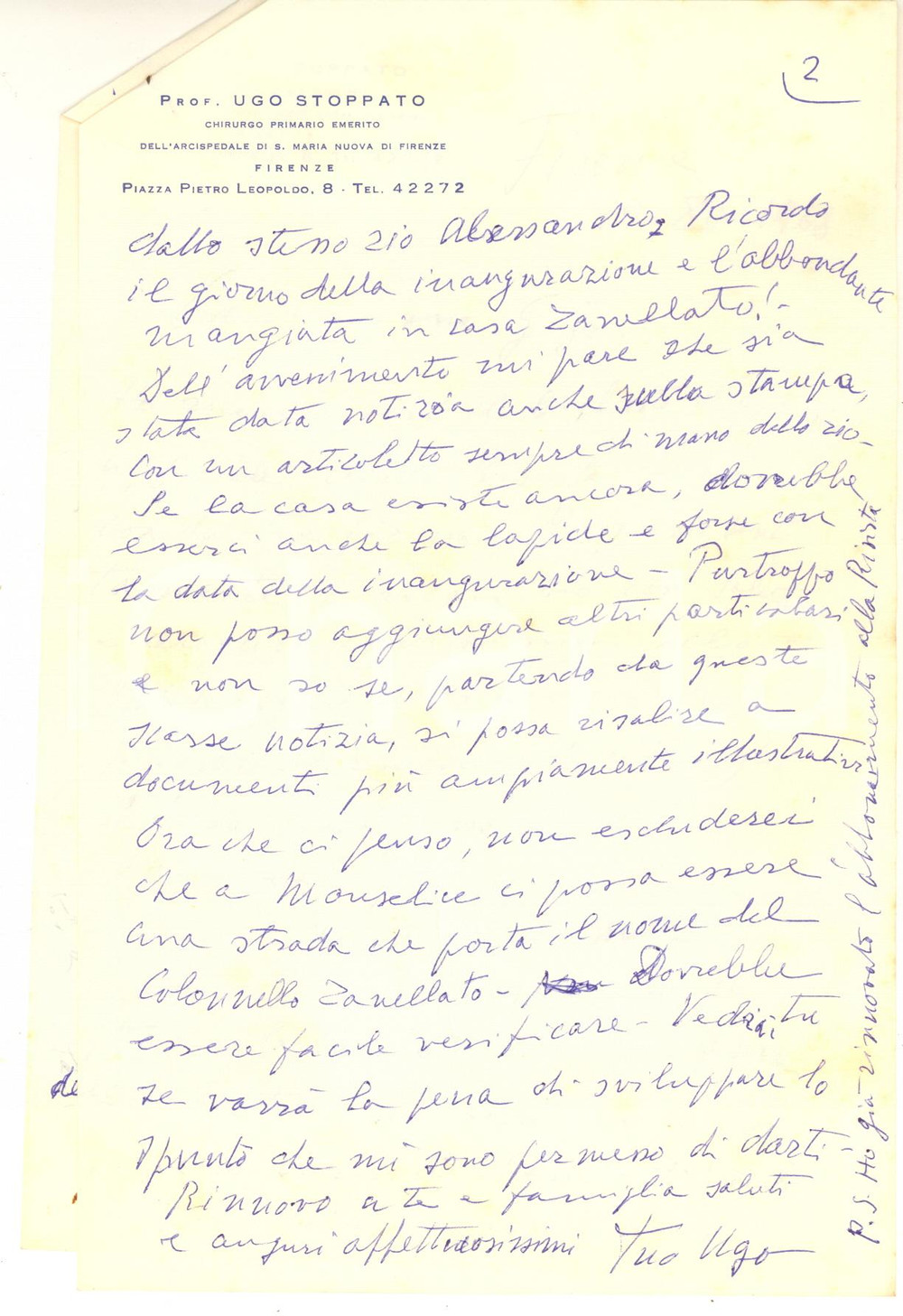 Autografo originale 1968 FIRENZE Lettera prof. Ugo STOPPATO su ricordi di Padova  AUTOGRAFO 1