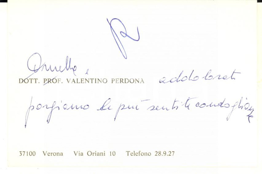 Oggetto da collezione cartaceo 1965 ca VERONA Ornella e Valentino PERDONA   Biglietto da visita 1
