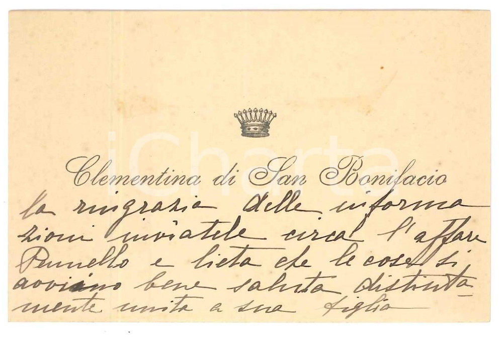 1905 ca VERONA (?) Contessa Clementina di SAMBONIFACIO - Biglietto AUTOGRAFO Biglietto da visita con messaggio autografo.  GOOD/buono  Formato: 11x7 cm originale e autentica 1