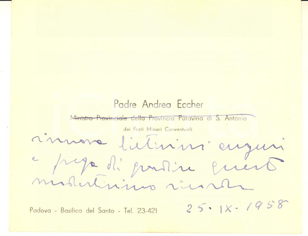 Autografo originale 1958 PADOVA Biglietto padre Andrea ECCHER per condoglianze  AUTOGRAFO 1