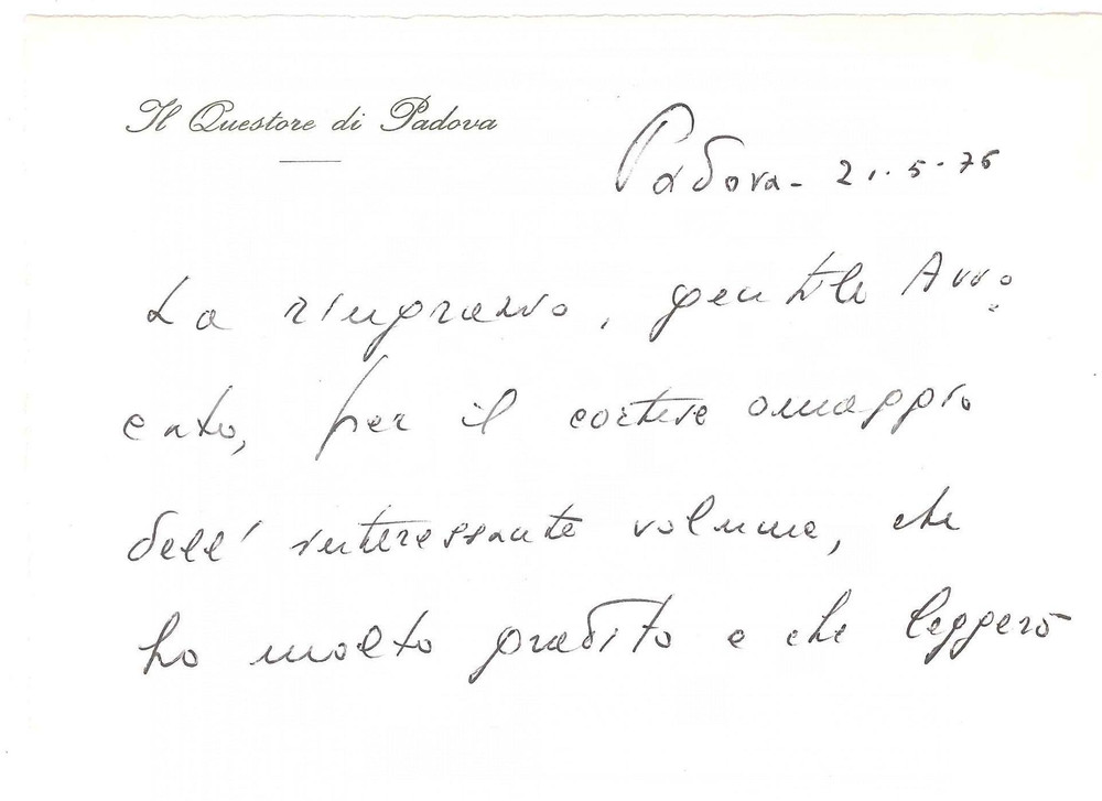 Autografo originale 1976 PADOVA Questore Italo FERRANTE  Biglietto ringraziamento AUTOGRAFO 1