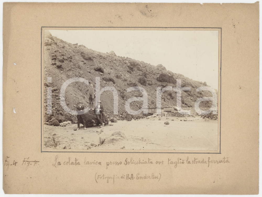 Fotografia d epoca originale 1910 ca Eruzione ETNA  Lava a SOLICCHIATA sulla ferrovia  Foto H. A. ENDERLIN 1