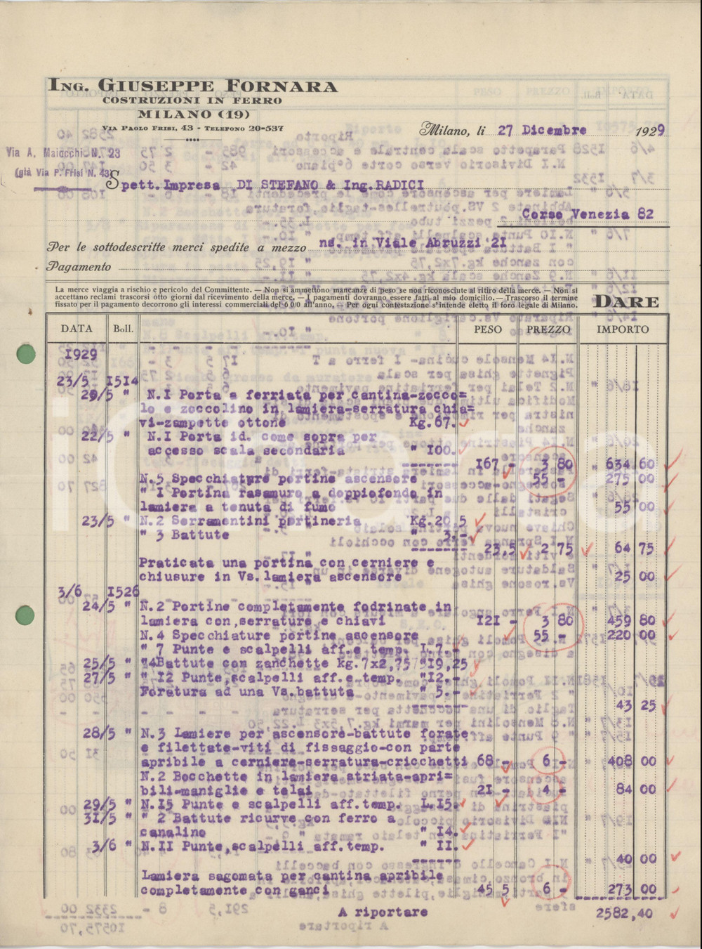 Documento originale, autentico 1929 MILANO Via Paolo Frisi 43  Giuseppe FORNARA Costruzioni in ferro  Fattura 1