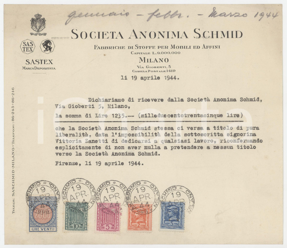 1944 MILANO Via Gioberti 5 - Società Anonima SCHMID Stoffe per mobili - Ricevuta