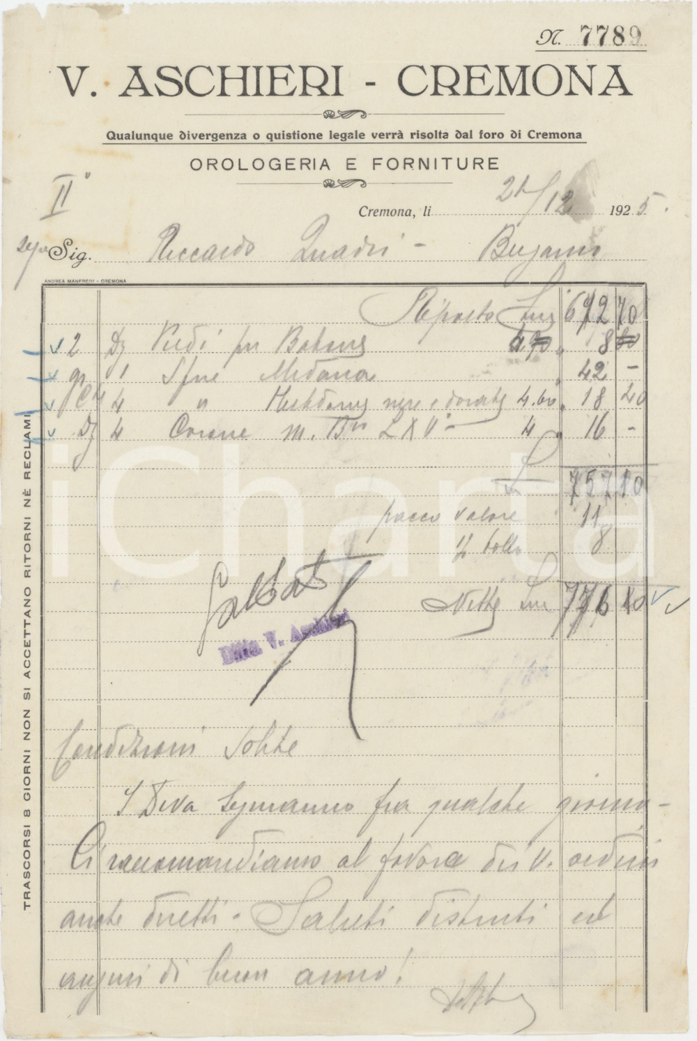 Documento originale, autentico 1925 CREMONA Ditta V. ASCHIERI Forniture per orologerie Fattura commerciale 7 1