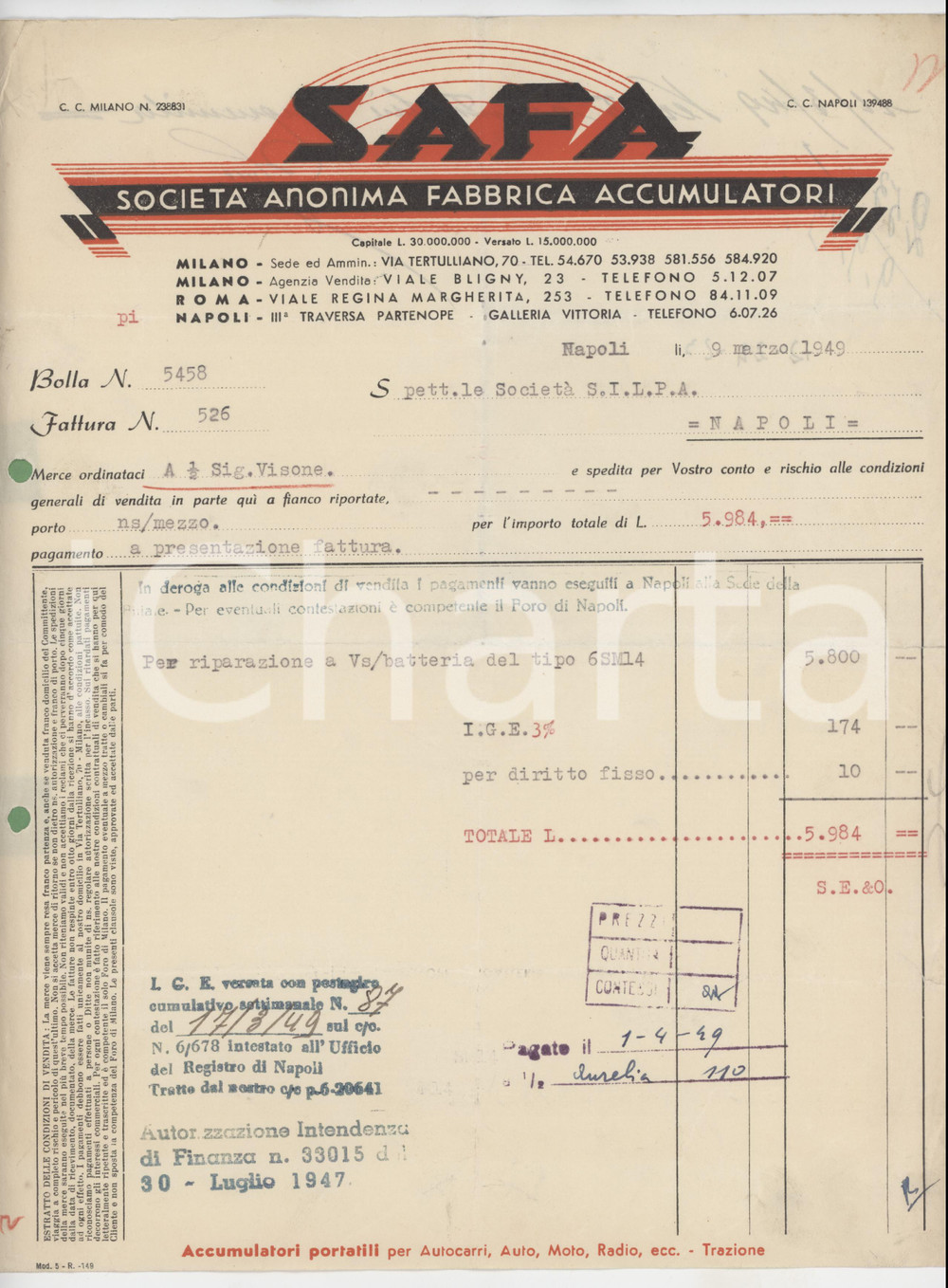 Documento originale, autentico 1949 NAPOLI  Fabbrica accumulatori SAFA Riparazione batteria 6SM14  Fattura 1