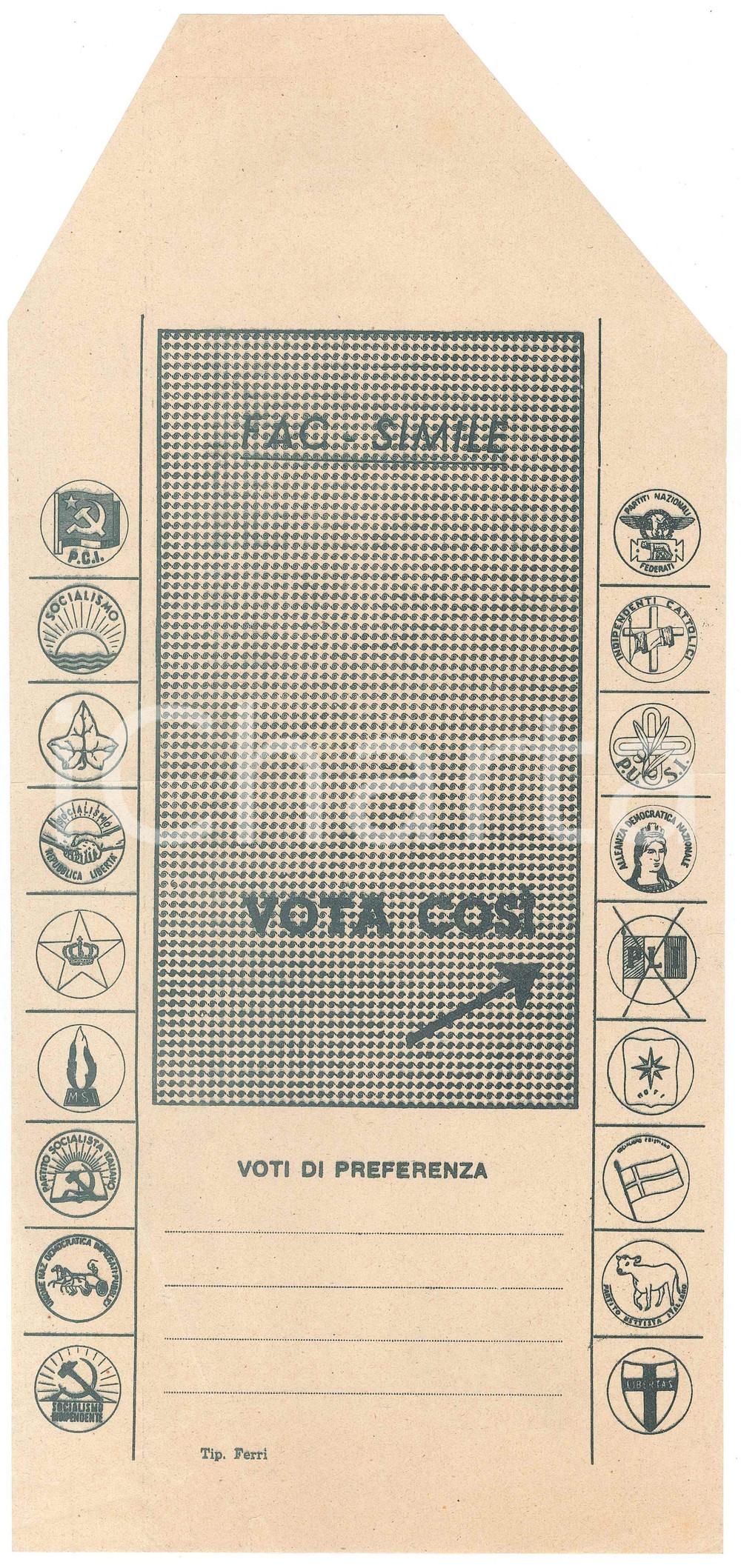 Materiale pubblicitario d’epoca 1953 ROMA  ELEZIONI POLITICHE Propaganda PLI Facsimile scheda 1