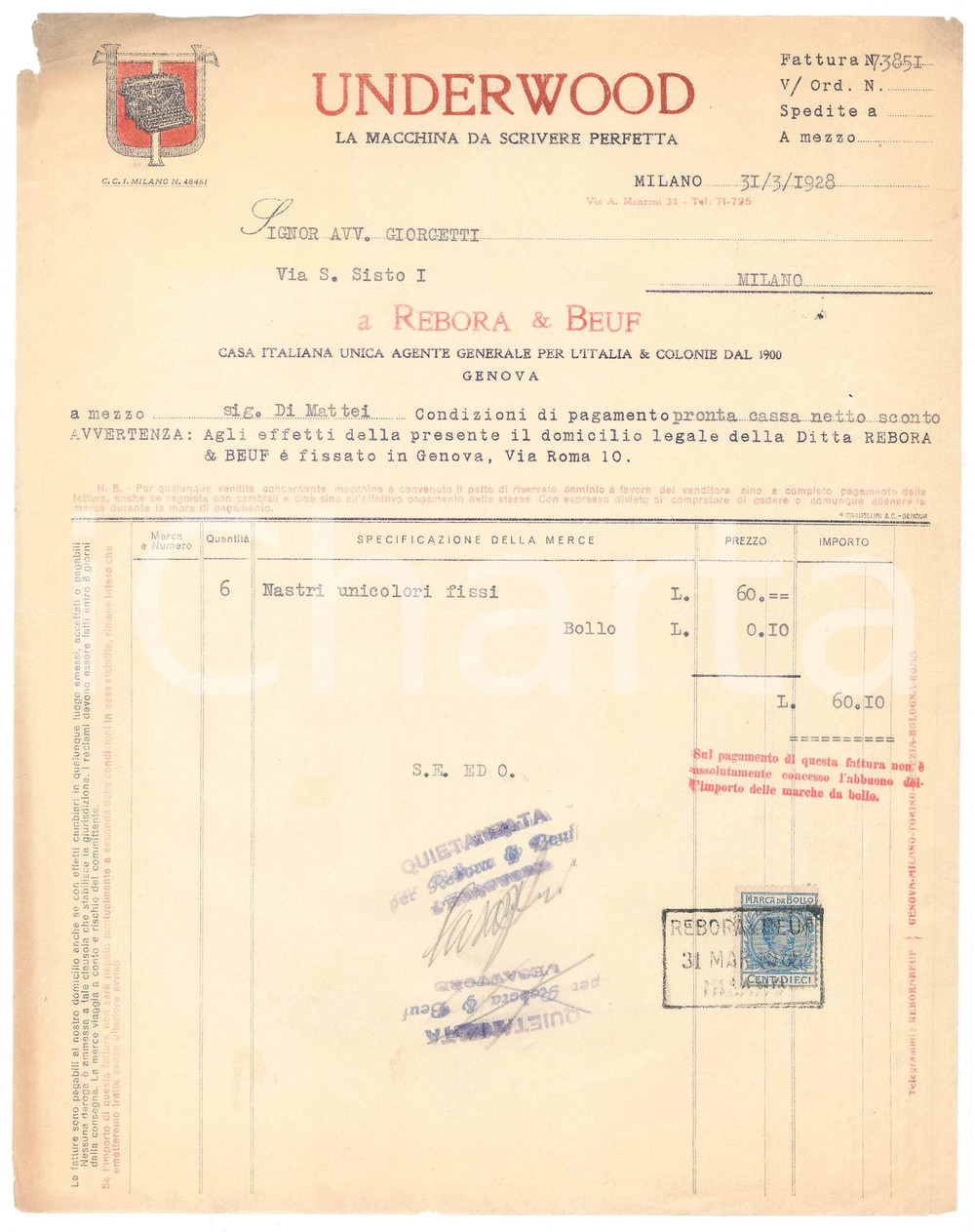 Documento originale, autentico 1928 MILANO UNDERWOOD Nastri unicolori fissi per macchina da scrivere  Fattura 1