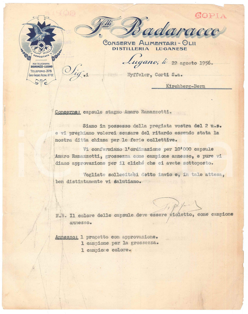 Documento originale, autentico 1956 LUGANO F.lli BADARACCO Capsule stagno Amaro RAMAZZOTTI Lettera commerciale 1