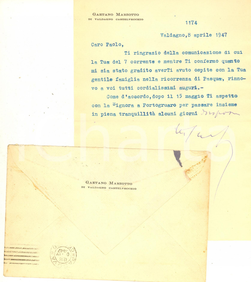 Autografo originale 1947 VALDAGNO Lettera Gaetano MARZOTTO per auguri pasquali  AUTOGRAFO 1