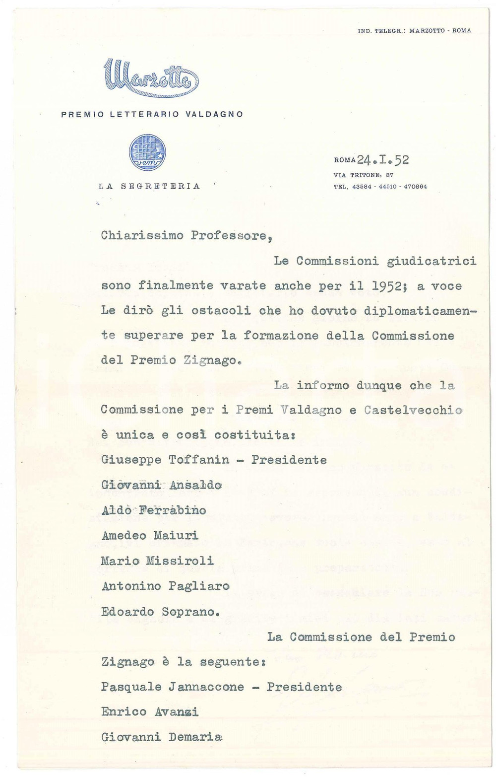 Autografo originale 1952 ROMA Premio Marzotto  Edoardo SOPRANO su membri commissione AUTOGRAFO 1