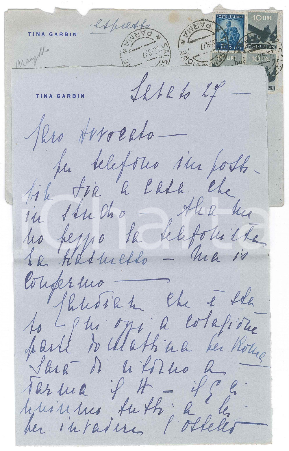 Autografo originale 1947 SALSOMAGGIORE Lettera TIna GARBIN Famiglia MARZOTTO  AUTOGRAFO 1