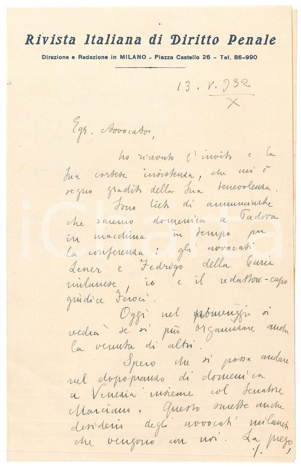 Autografo originale 1932 MILANO Lettera Giulio BATTAGLINI  Rivista Diritto Penale  AUTOGRAFO 1