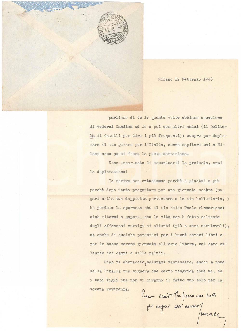 Autografo originale 1948 MILANO Lettera avv. Enrico GONZALES per giornata di caccia  AUTOGRAFO 1