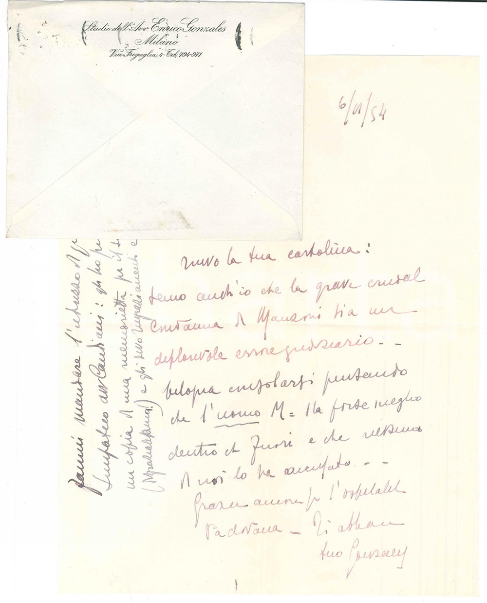 Autografo originale 1954 MILANO Lettera Enrico GONZALES per ringraziamento  AUTOGRAFO 1