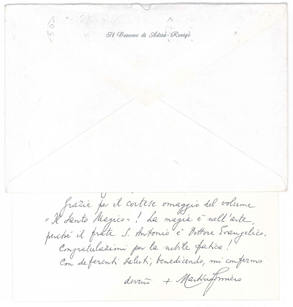 Autografo originale 1991 ROVIGO Biglietto mons. Martino GOMIERO vescovo  Ringraziamento  AUTOGRAFO 1