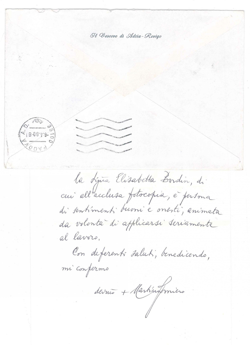1990 ROVIGO Lettera mons. Martino GOMIERO vescovo - Raccomandazione *AUTOGRAFO