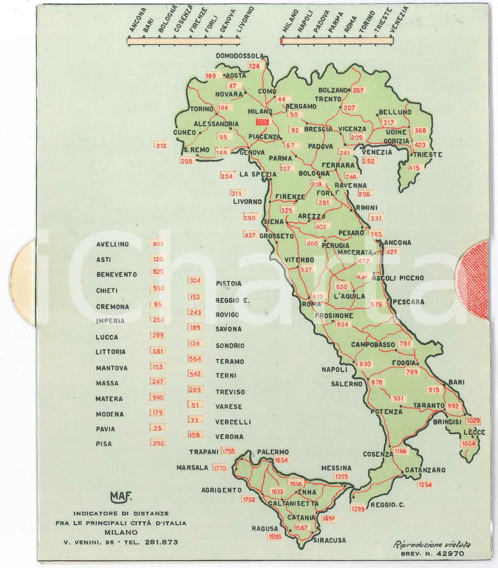 Materiale pubblicitario d’epoca 1960 ca Indicatore MAF  Distanze tra le cittÃ  d Italia  ESTRAIBILE 15x18 cm 1