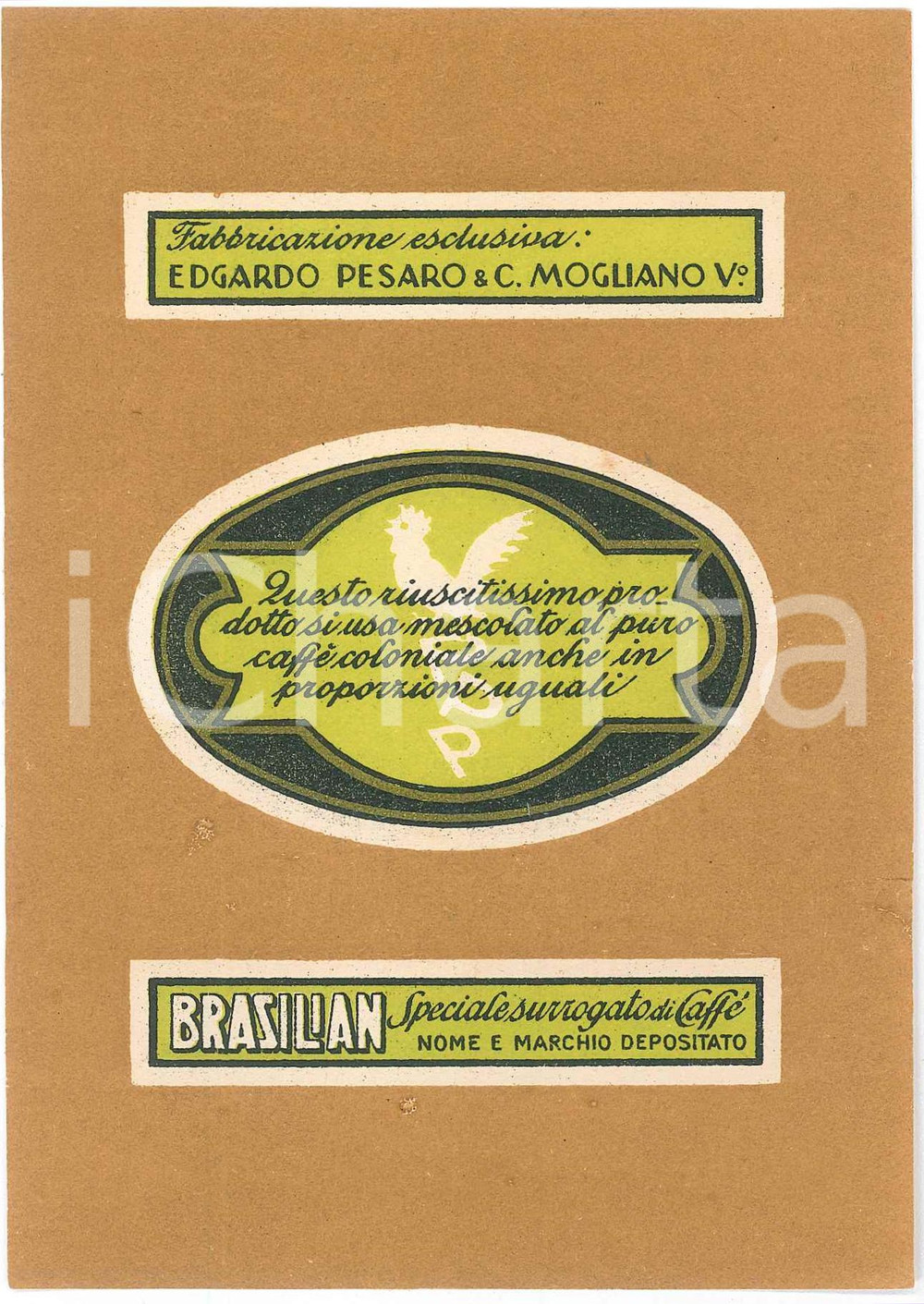 Materiale pubblicitario d’epoca 1950 ca MOGLIANO VENETO Edgardo PESARO Surrogato caffÃ¨ BRASILIAN Etichetta 1