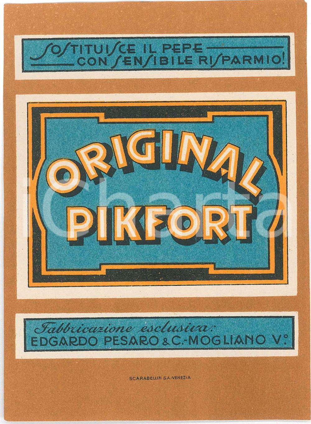 Materiale pubblicitario d’epoca 1950 ca MOGLIANO VENETO Edgardo PESARO Original PIKFORT Etichetta pubblicitaria 1