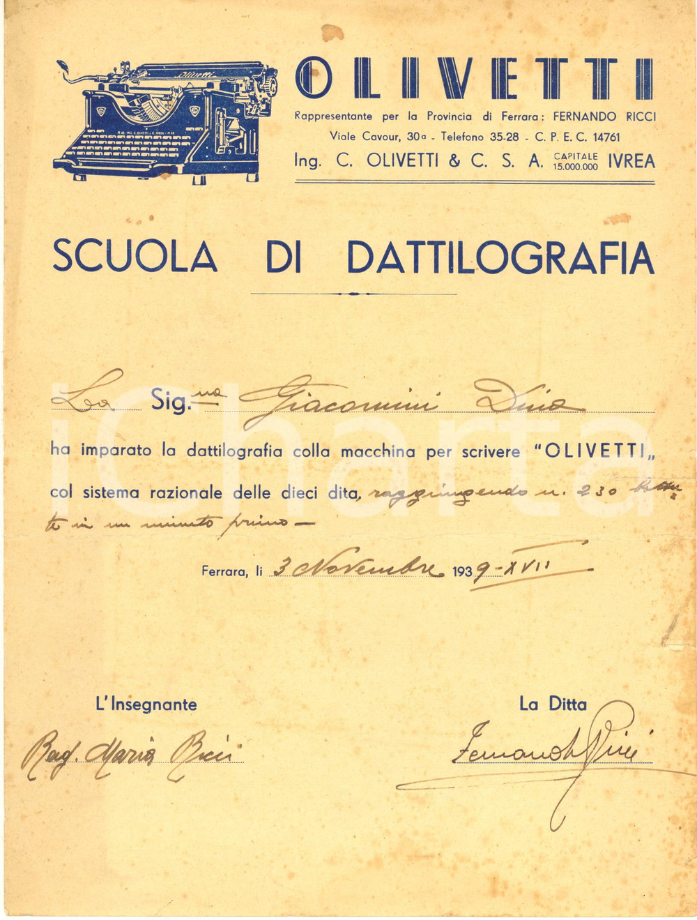 Autografo originale 1939 FERRARA Scuola di Dattilografia OLIVETTI  Certificato Dina GIACOMINI 1
