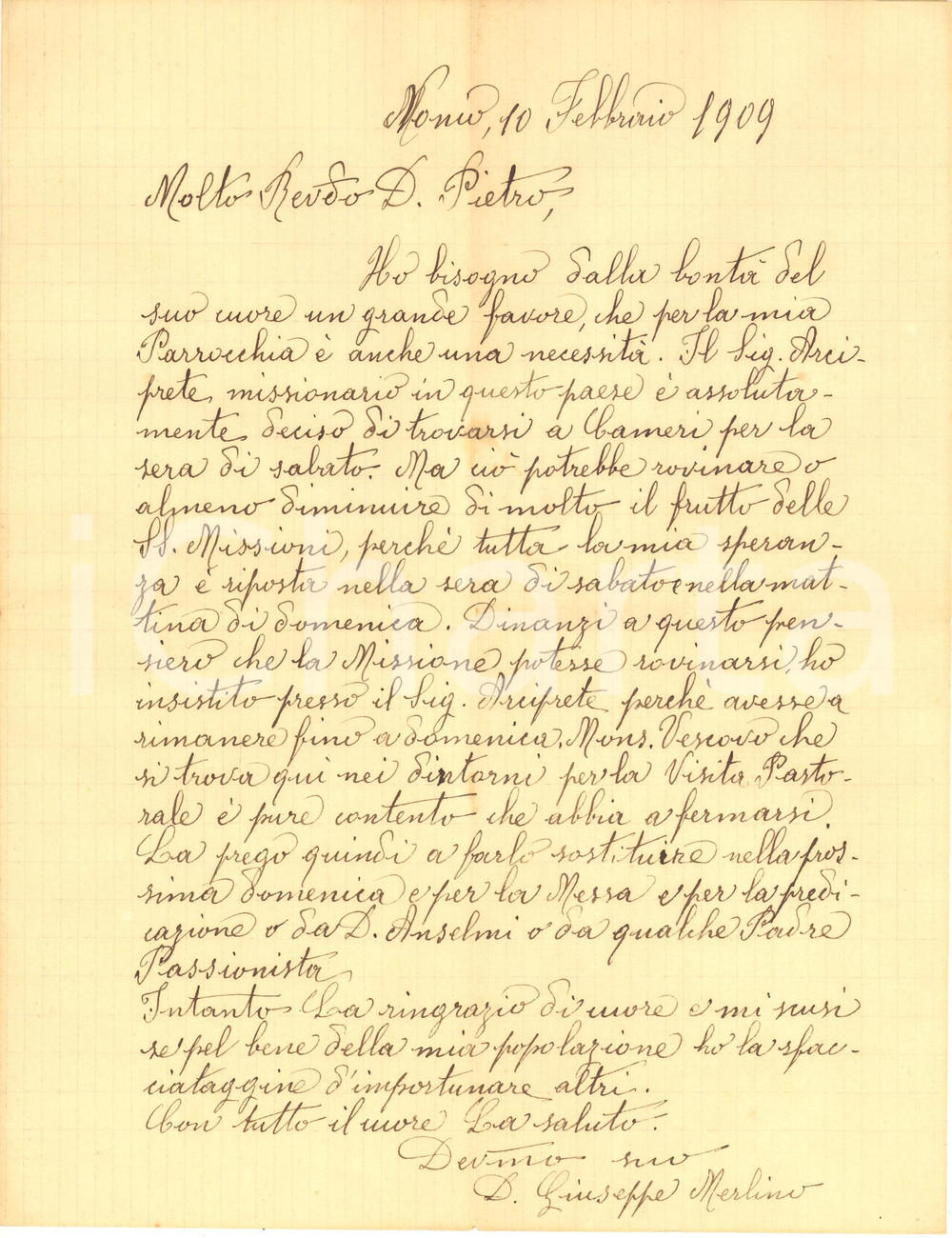 Manoscritto, lettera originale 1909 MOMO NO Don Giuseppe MERLINO chiede predicatore per la missione Lettera 1