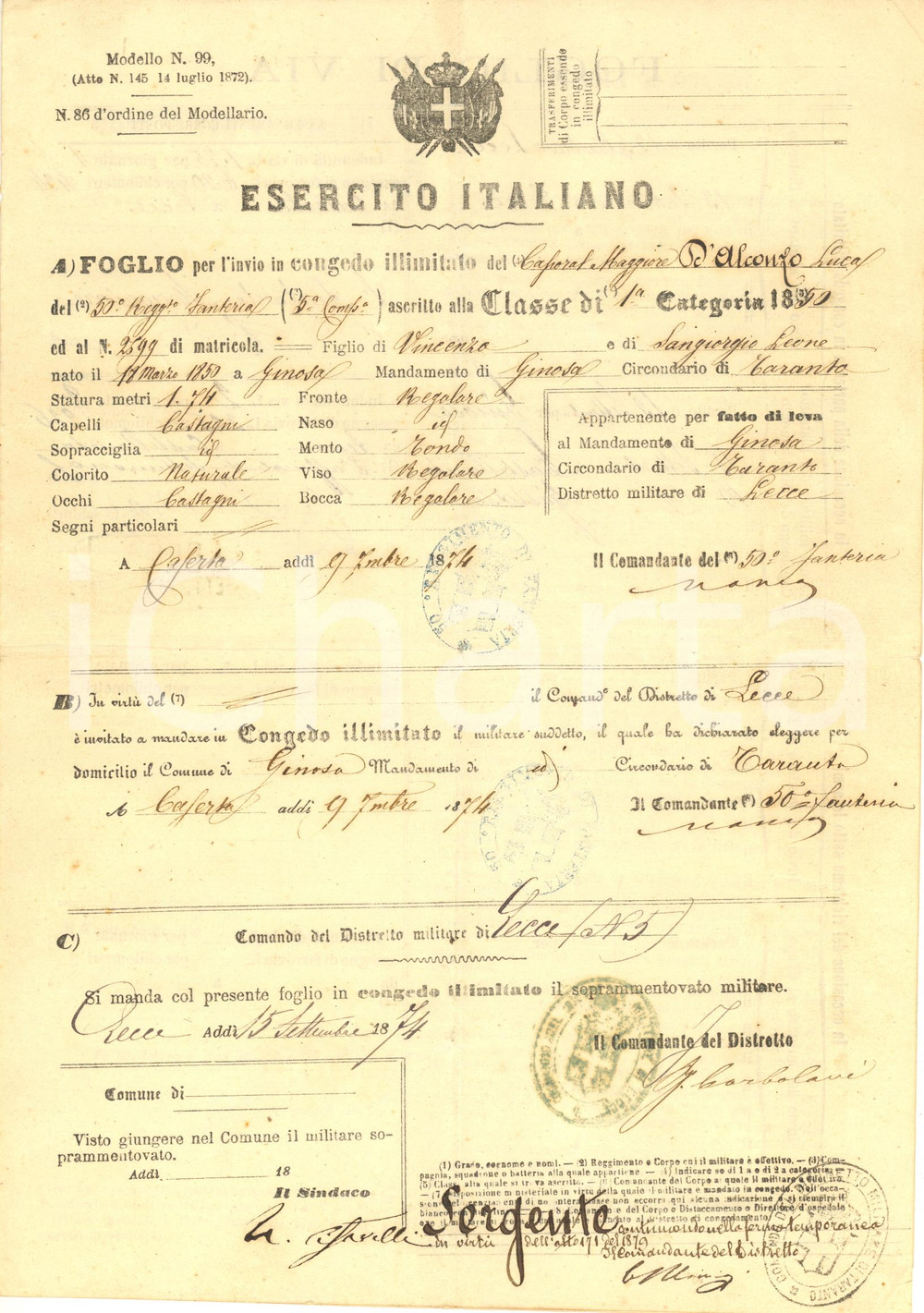 Documento originale, autentico 1874 ESERCITO ITALIANO GINOSA TA Congedo illimitato Luca D ALCONZO 1