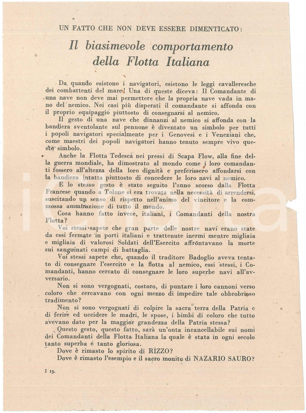 Materiale pubblicitario d’epoca 1944 WW2 PROPAGANDA RSI Biasimevole comportamento flotta italiana Volantino 1