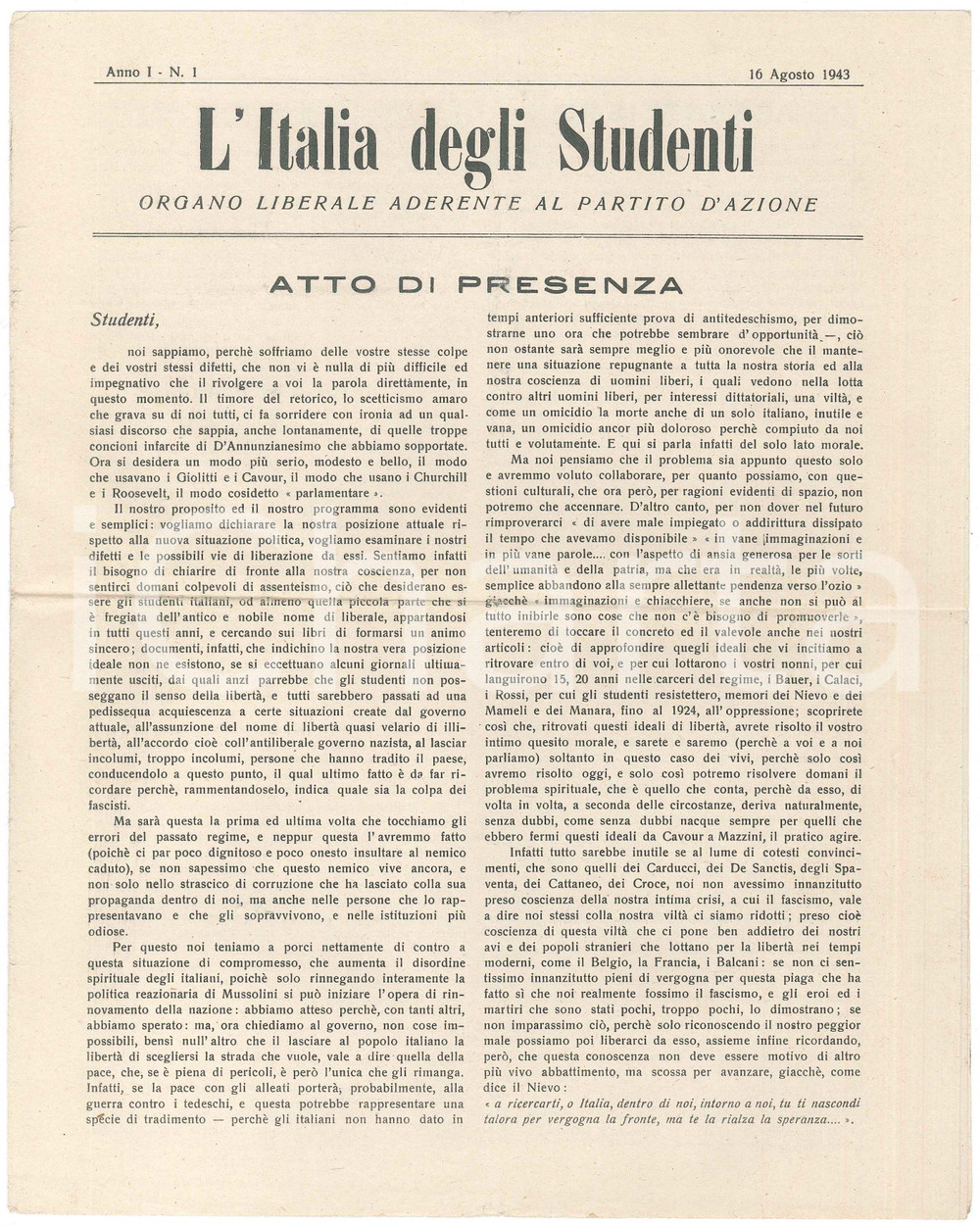 Giornale, rivista storica 1943 L ITALIA DEGLI STUDENTI Lettera aperta a Benedetto CROCE   Anno I n° 1 1