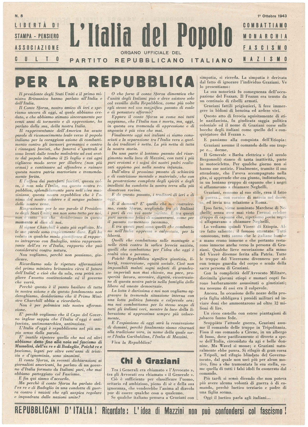 Giornale, rivista storica 1943 WW2 L ITALIA DEL POPOLO Chi é Rodolfo GRAZIANI  Giornale PRI n°5 1